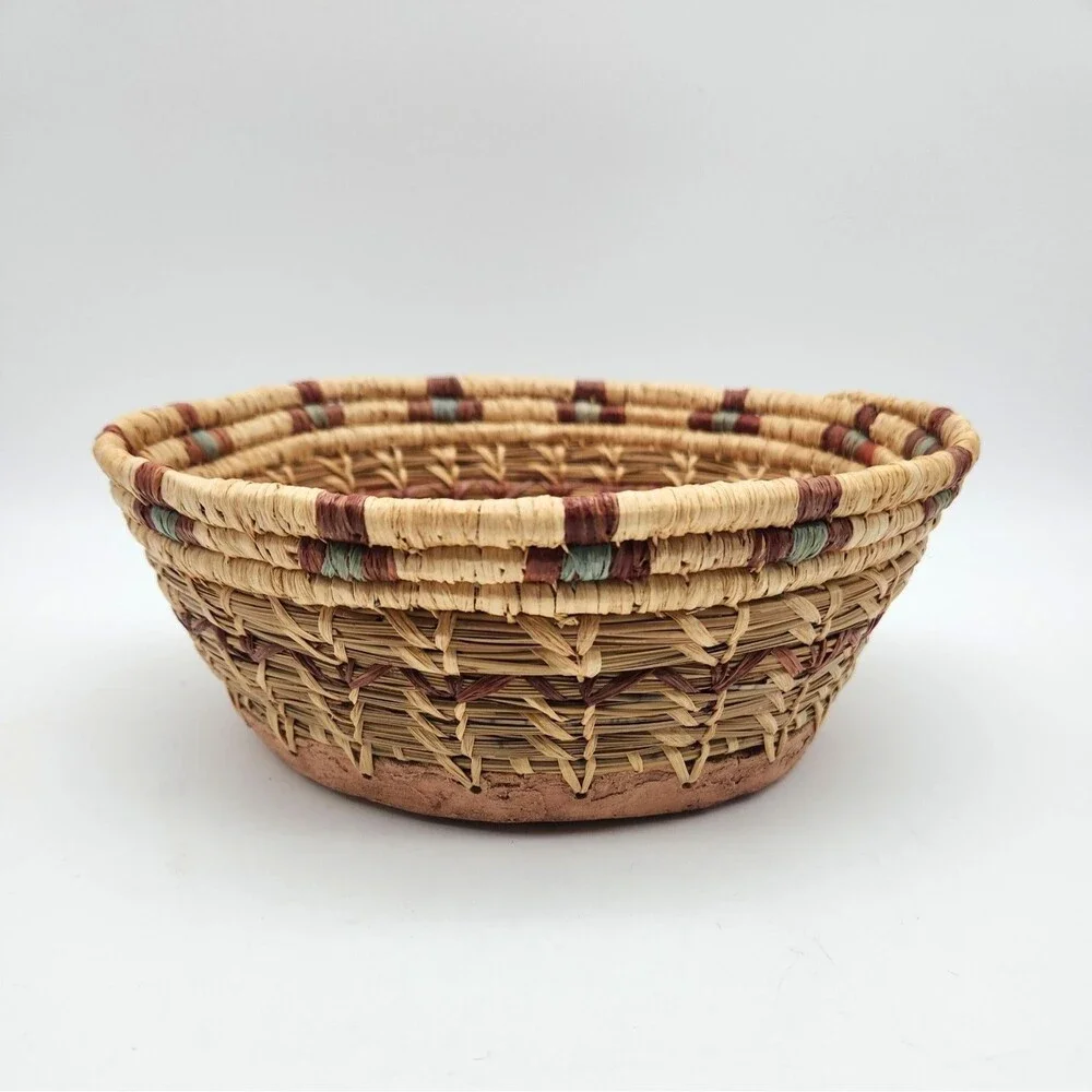 Vtg 2000 Joyce Wenker Handwoven Pine Needle Basket Kachina Clay Base Bowl Signed